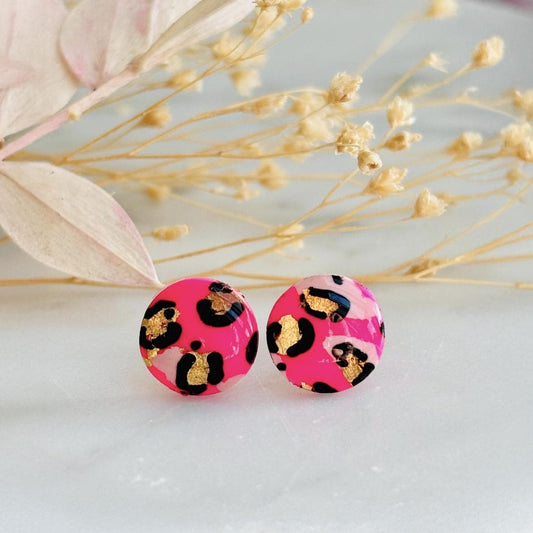 Pink Leopard Print Stud Handmade Earrings, Blush Gold Foil Polymer Clay Jewellery