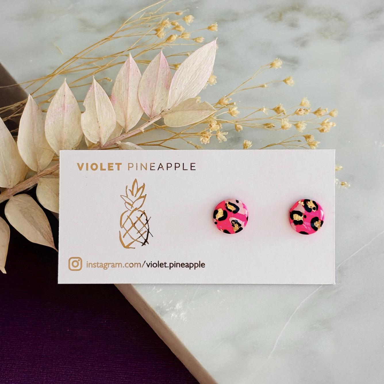 Pink Leopard Print Stud Handmade Earrings, Blush Gold Foil Polymer Clay Jewellery