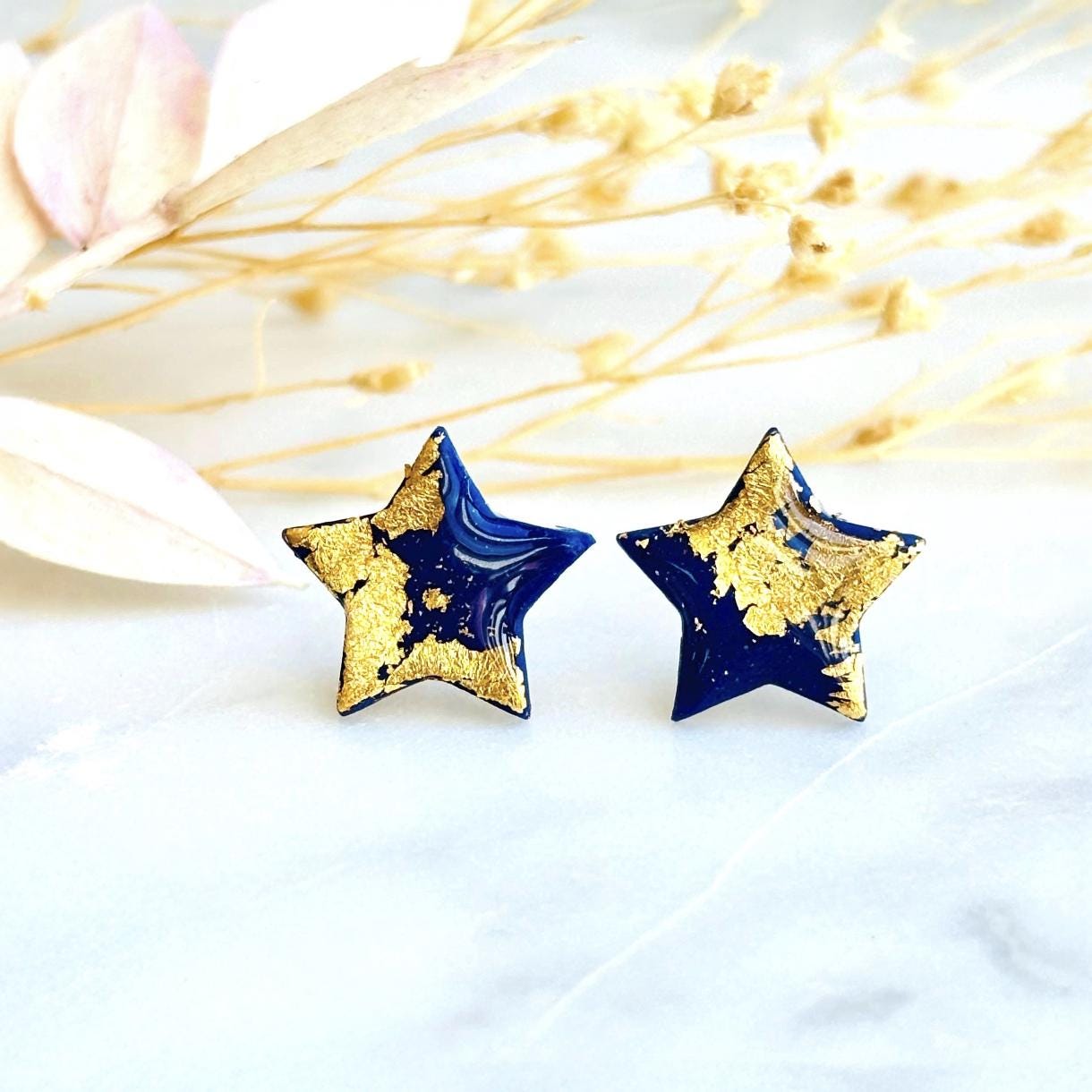 Navy Star Stud Earrings, Handmade Polymer Clay Studs, Gold Foil Minimalist Jewellery.