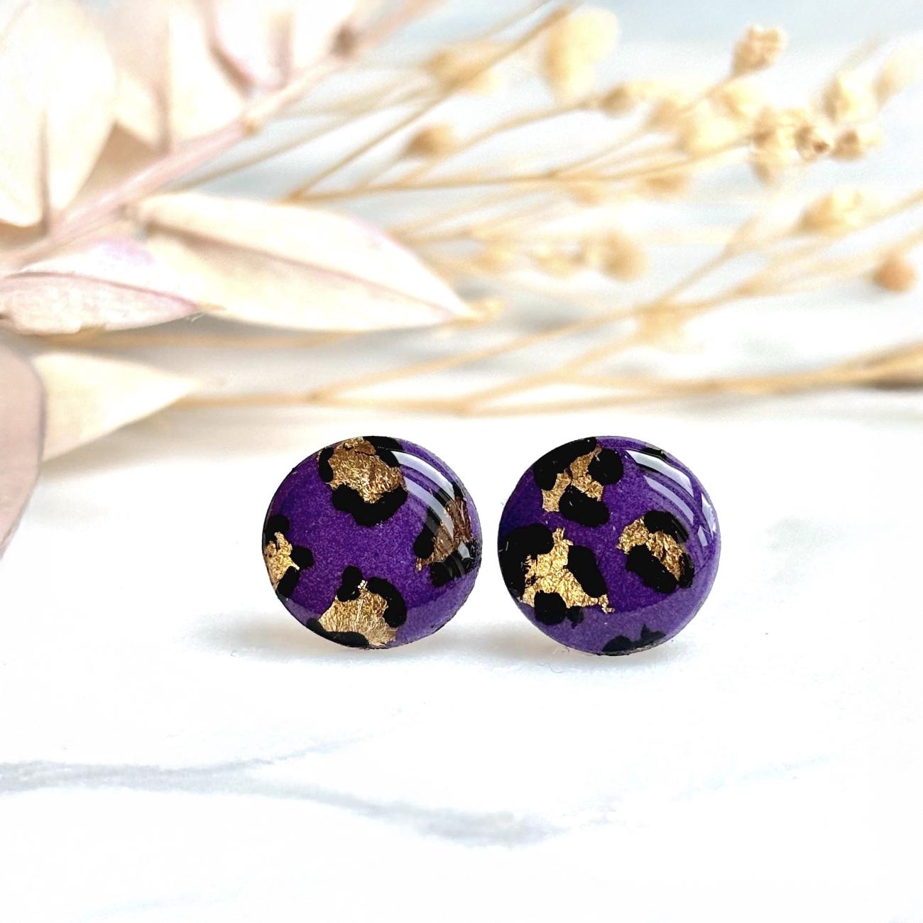 Purple Leopard Print Studs, Gold Foil Polymer Clay Jewellery, Handmade Earrings
