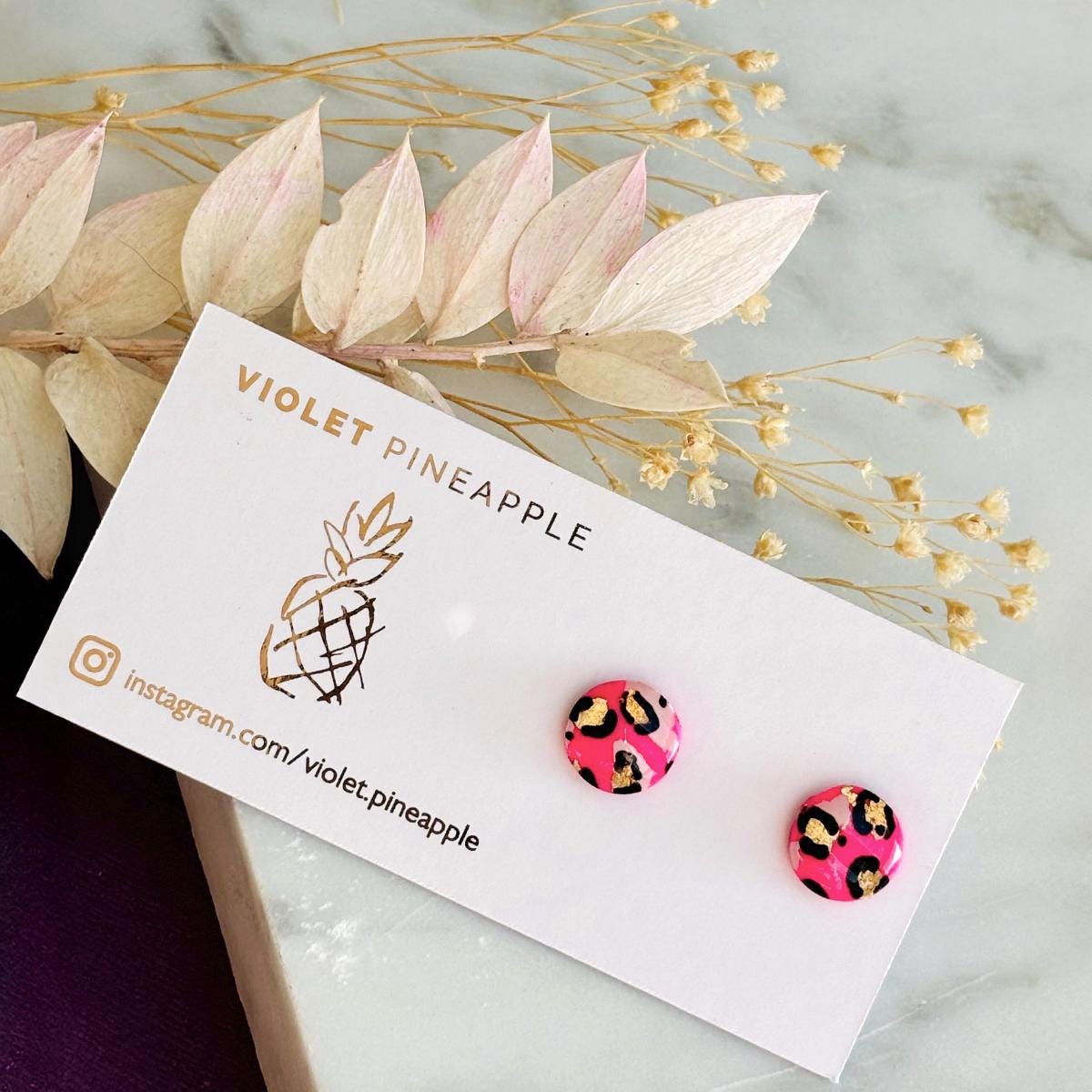 Pink Leopard Print Stud Handmade Earrings, Blush Gold Foil Polymer Clay Jewellery