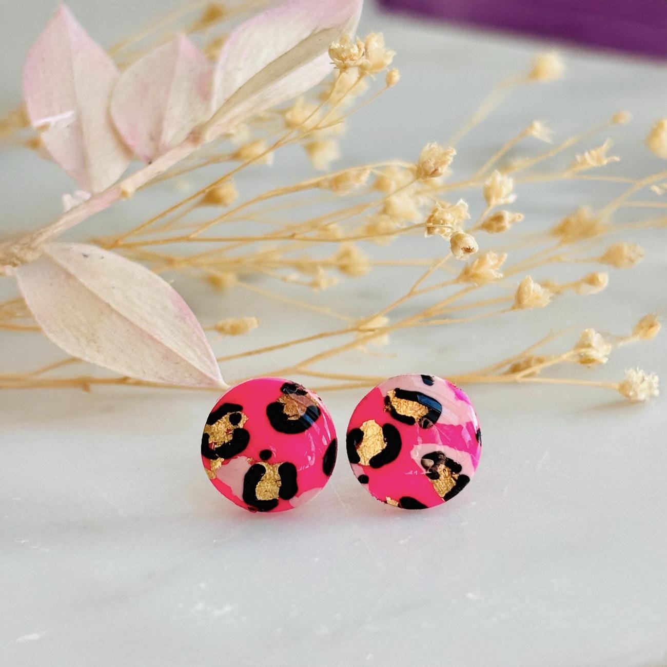 Pink Leopard Print Stud Handmade Earrings, Blush Gold Foil Polymer Clay Jewellery