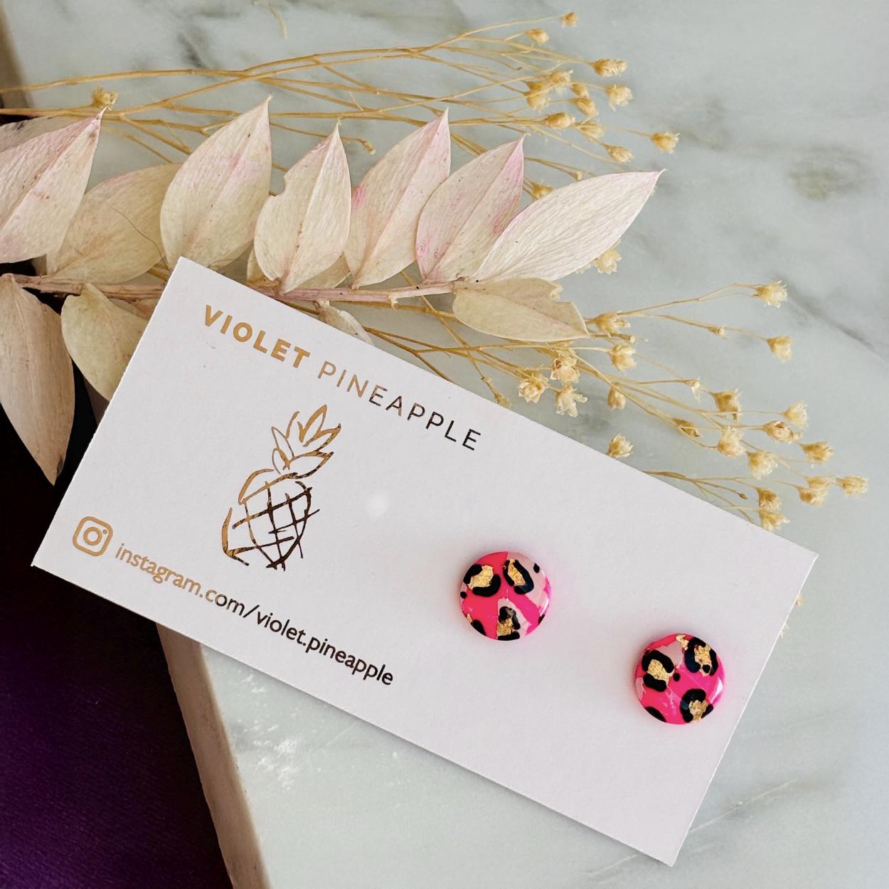 Pink Leopard Print Stud Handmade Earrings, Blush Gold Foil Polymer Clay Jewellery