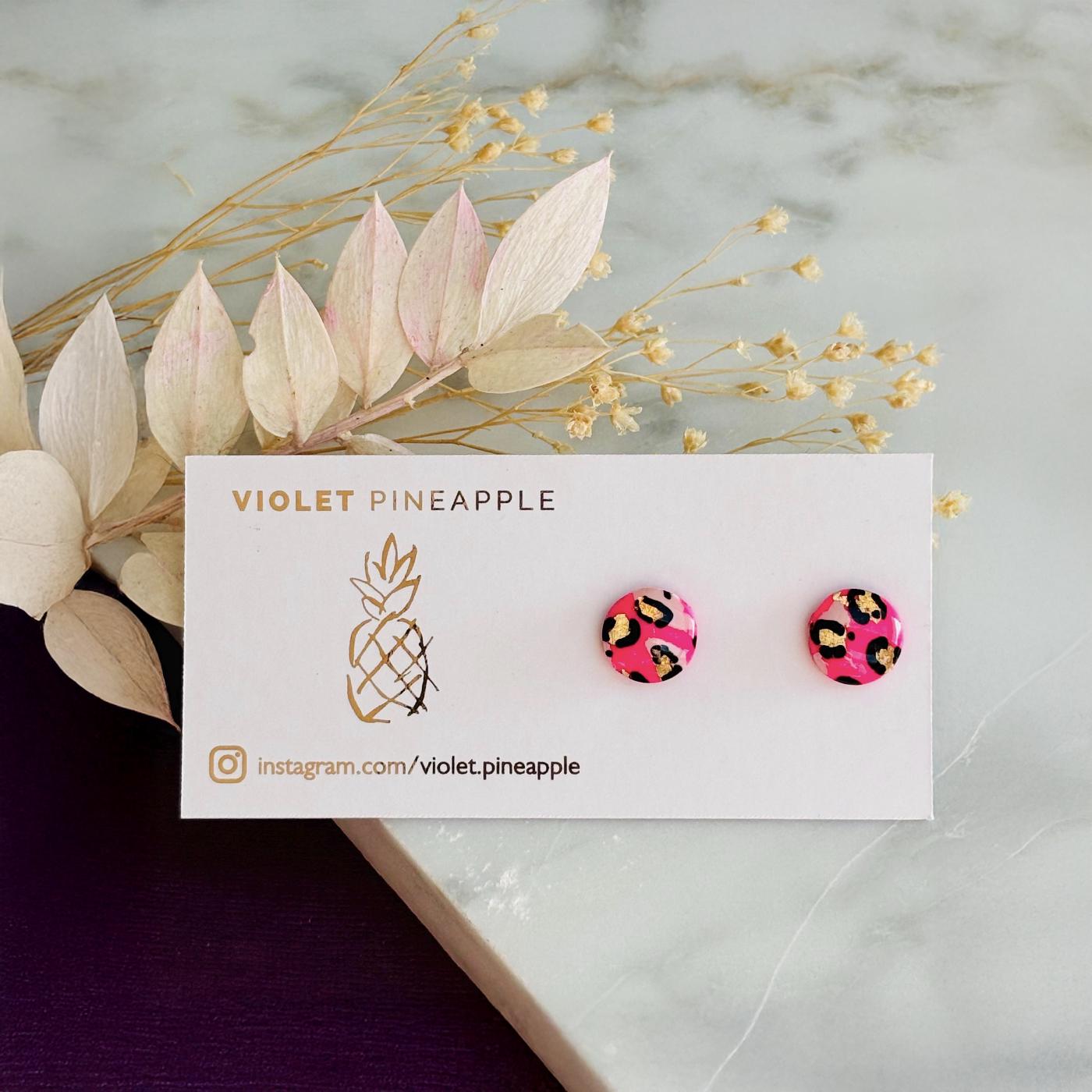 Pink Leopard Print Stud Handmade Earrings, Blush Gold Foil Polymer Clay Jewellery