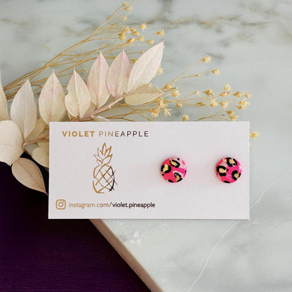 Pink Leopard Print Stud Handmade Earrings, Blush Gold Foil Polymer Clay Jewellery
