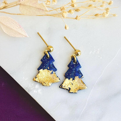 Christmas Tree Drop Earrings, Festive Navy Gold Foil Jewellery, Handmade Statement Earrings