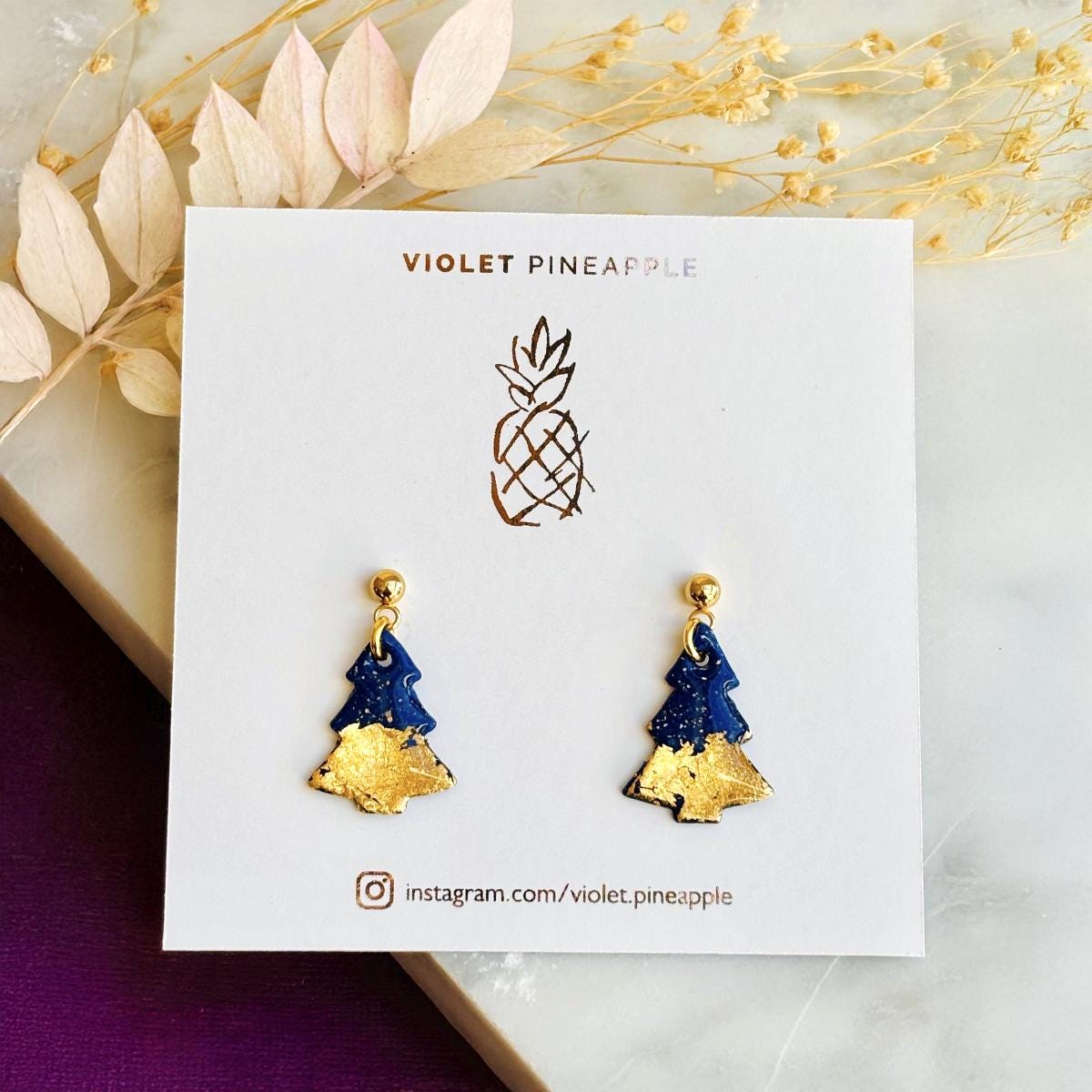 Christmas Tree Drop Earrings, Festive Navy Gold Foil Jewellery, Handmade Statement Earrings