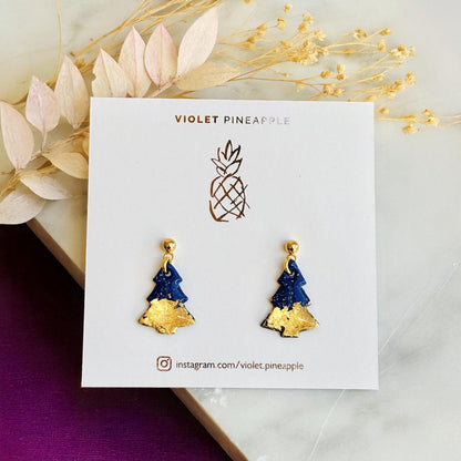 Christmas Tree Drop Earrings, Festive Navy Gold Foil Jewellery, Handmade Statement Earrings