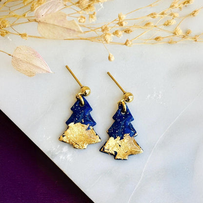 Christmas Tree Drop Earrings, Festive Navy Gold Foil Jewellery, Handmade Statement Earrings