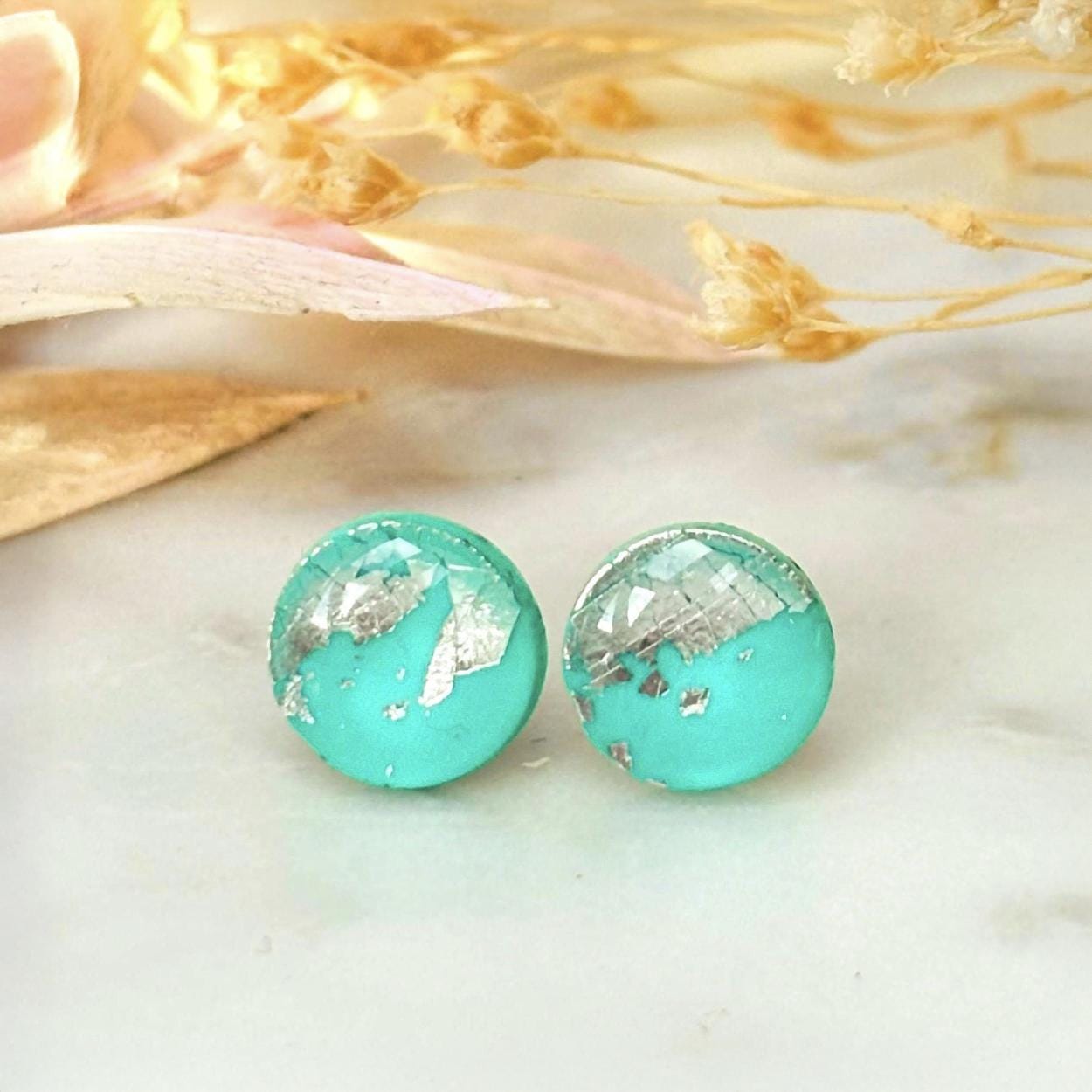 Teal and Silver Stud Earrings, Mini Silver Foil Polymer Clay Studs, Handmade Hypoallergenic Jewellery