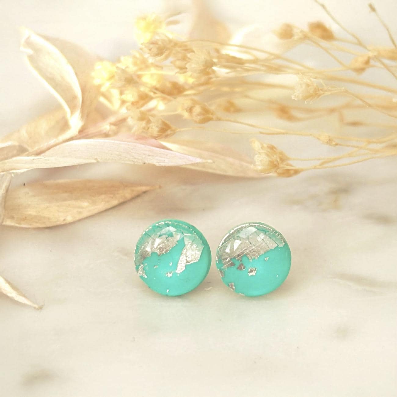 Teal and Silver Stud Earrings, Mini Silver Foil Polymer Clay Studs, Handmade Hypoallergenic Jewellery
