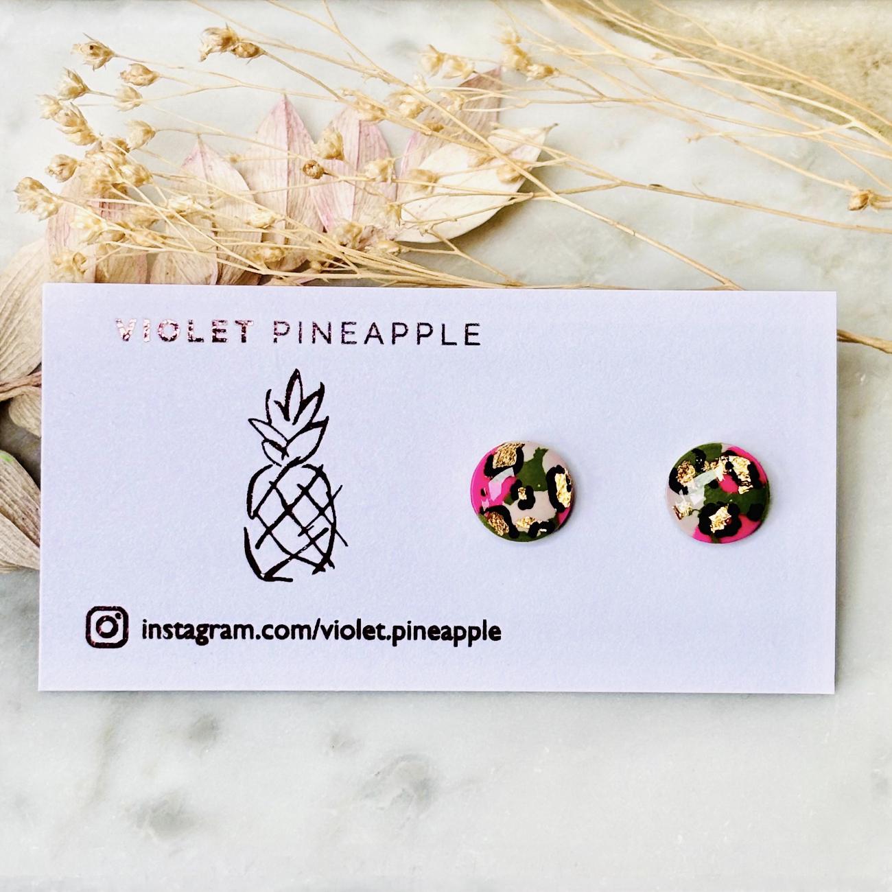 Neon Pink & Green Leopard Print Jewellery Set  Handmade 10mm Studs and Adjustable Bracelet