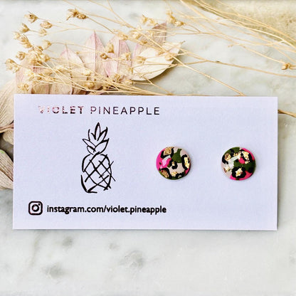 Neon Pink & Green Leopard Print Jewellery Set  Handmade 10mm Studs and Adjustable Bracelet