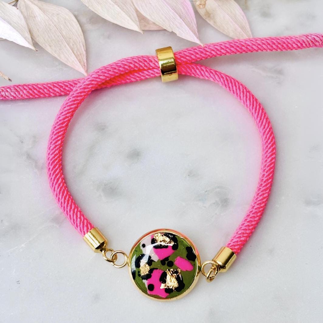 Neon Pink & Green Leopard Print Jewellery Set  Handmade 10mm Studs and Adjustable Bracelet