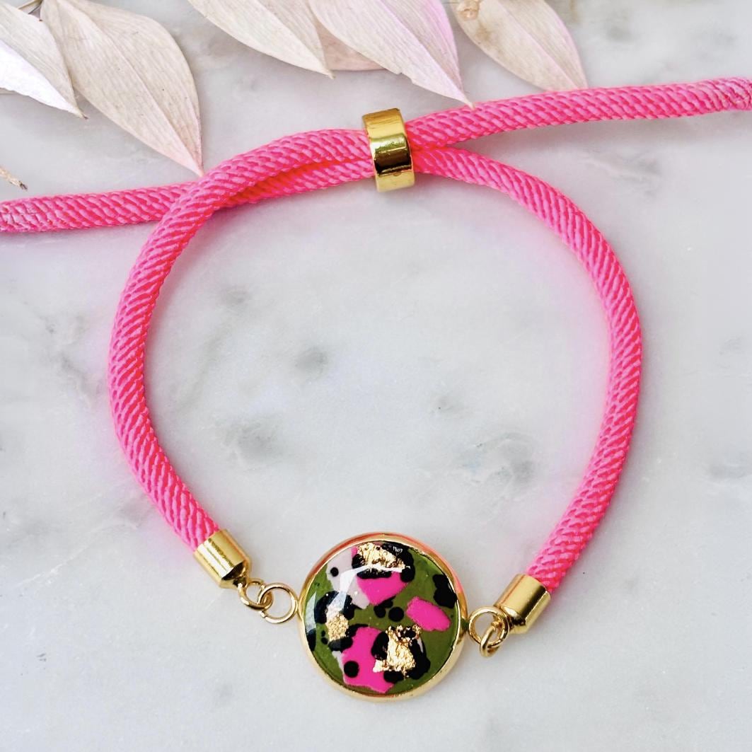 Neon Pink & Green Leopard Print Adjustable Bracelet  Handmade Animal Print Charm Jewellery