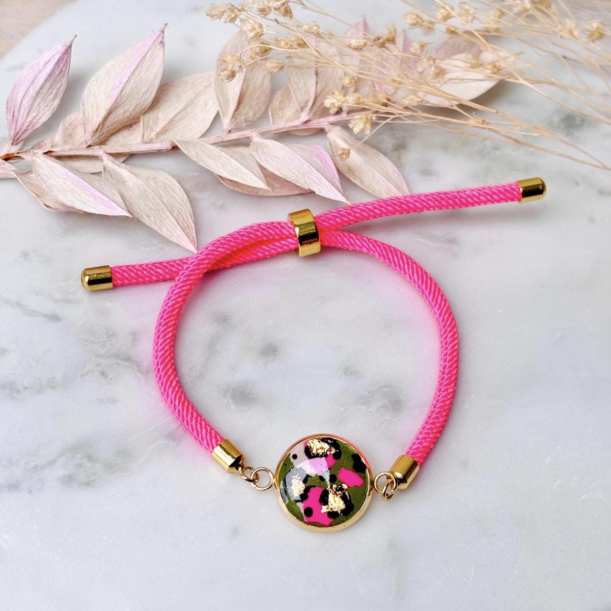 Neon Pink & Green Leopard Print Jewellery Set  Handmade 10mm Studs and Adjustable Bracelet