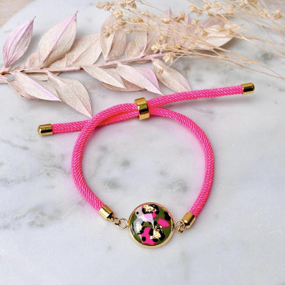 Neon Pink & Green Leopard Print Jewellery Set  Handmade 10mm Studs and Adjustable Bracelet