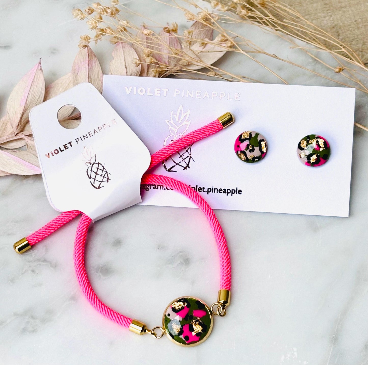 Neon Pink & Green Leopard Print Jewellery Set  Handmade 10mm Studs and Adjustable Bracelet