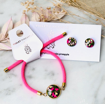 Neon Pink & Green Leopard Print Jewellery Set  Handmade 10mm Studs and Adjustable Bracelet