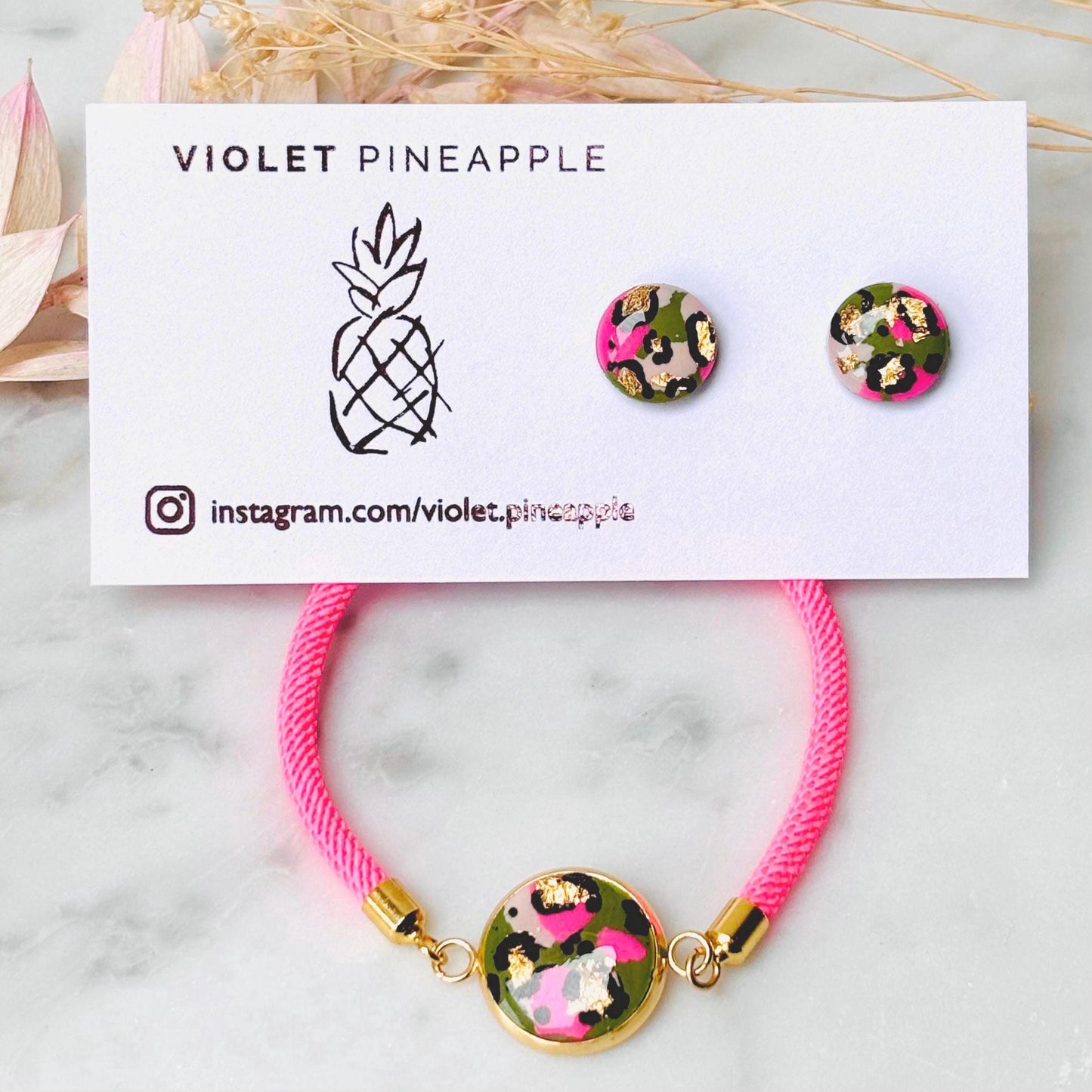 Neon Pink & Green Leopard Print Jewellery Set  Handmade 10mm Studs and Adjustable Bracelet