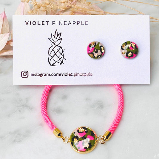 Neon Pink & Green Leopard Print Jewellery Set  Handmade 10mm Studs and Adjustable Bracelet
