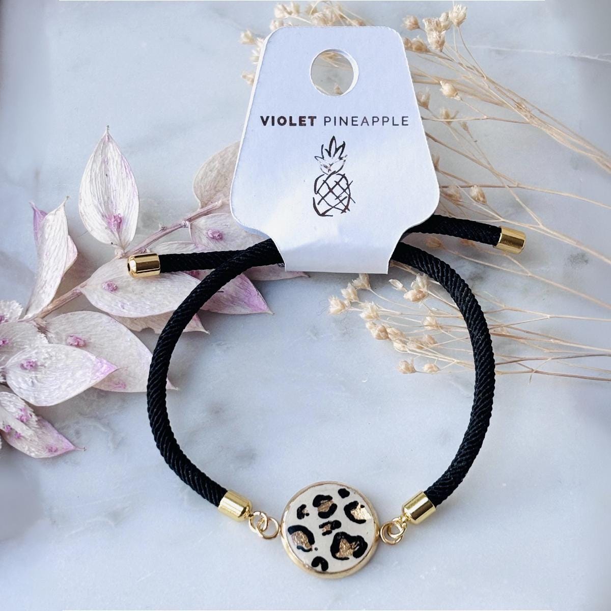 Classic Leopard Print Adjustable Bracelet  Hand-Painted Gold Leaf Charm