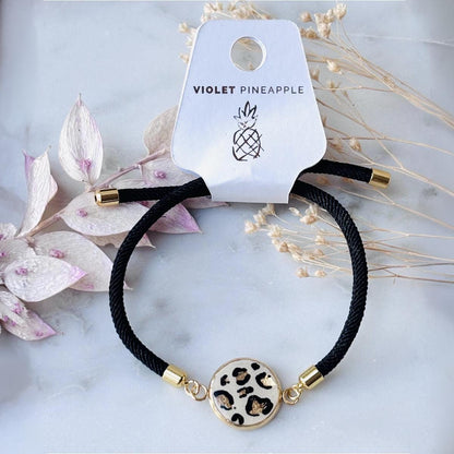 Classic Leopard Print Adjustable Bracelet  Hand-Painted Gold Leaf Charm