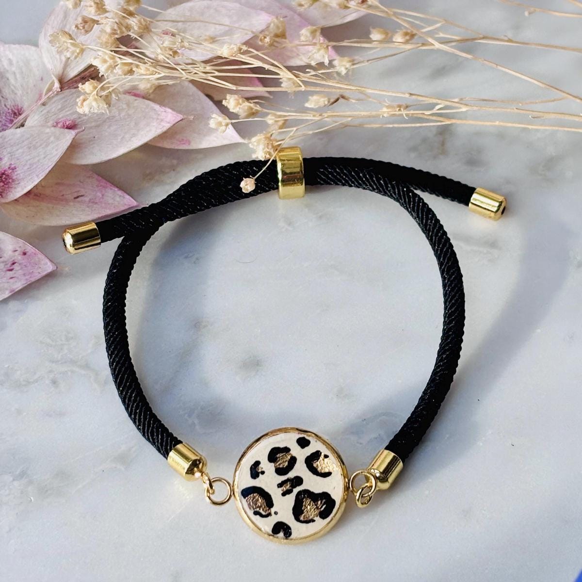 Classic Leopard Print Adjustable Bracelet  Hand-Painted Gold Leaf Charm