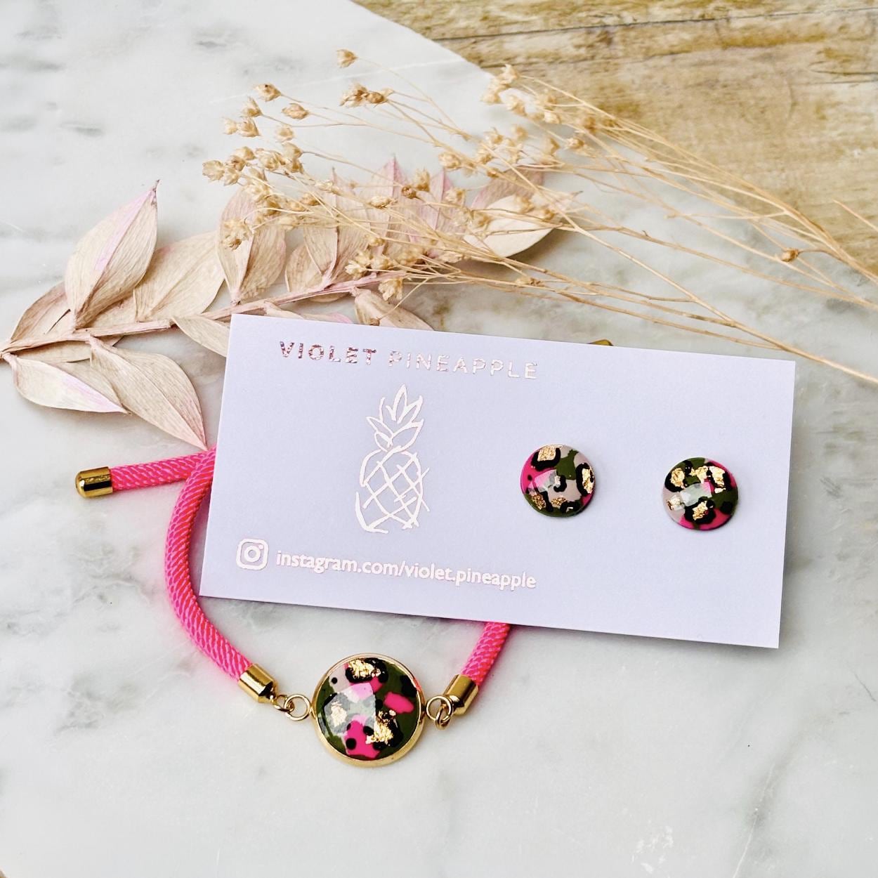 Neon Pink & Green Leopard Print Jewellery Set  Handmade 10mm Studs and Adjustable Bracelet