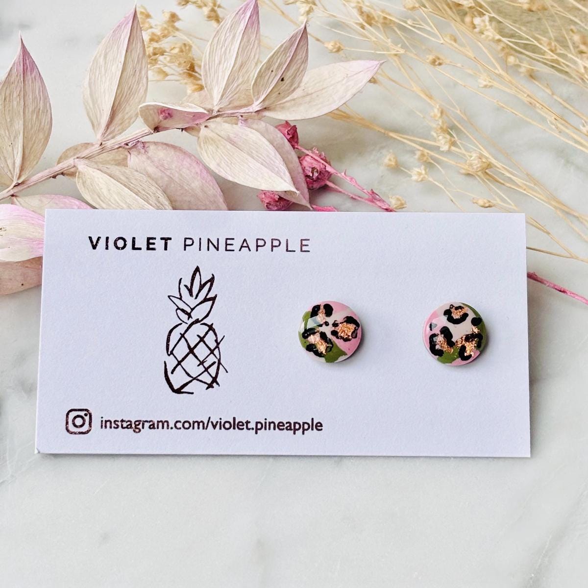 Soft Pink & Green Leopard Print Jewellery Set  Handmade 10mm Studs and Adjustable Bracelet