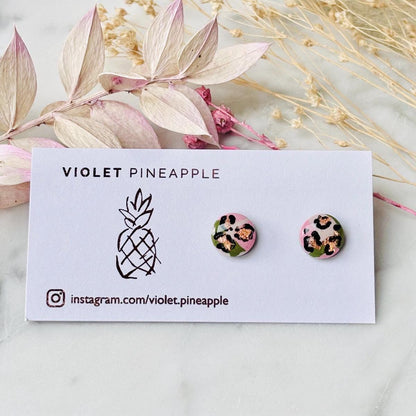 Soft Pink & Green Leopard Print Jewellery Set  Handmade 10mm Studs and Adjustable Bracelet
