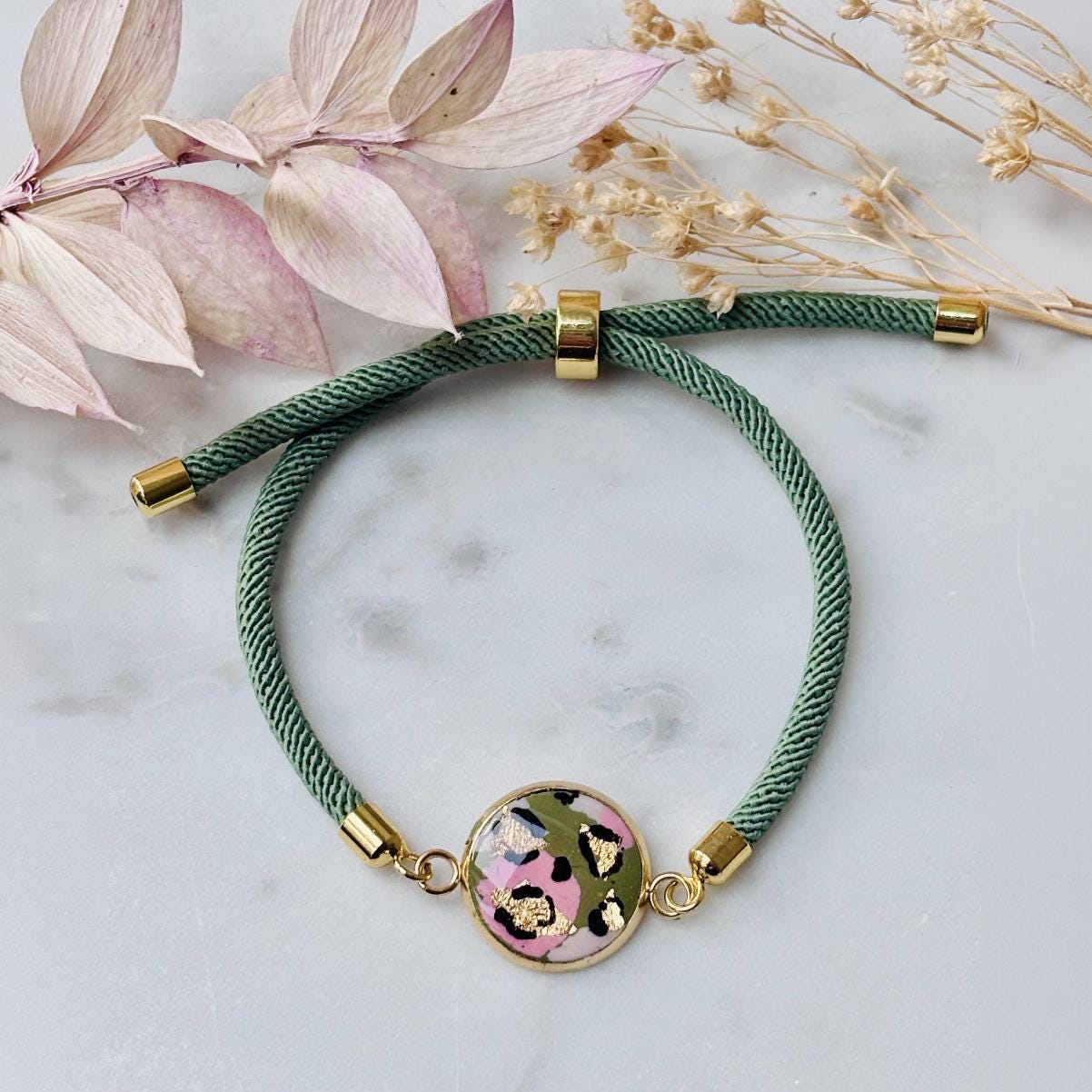 Soft Pink & Green Leopard Print Jewellery Set  Handmade 10mm Studs and Adjustable Bracelet