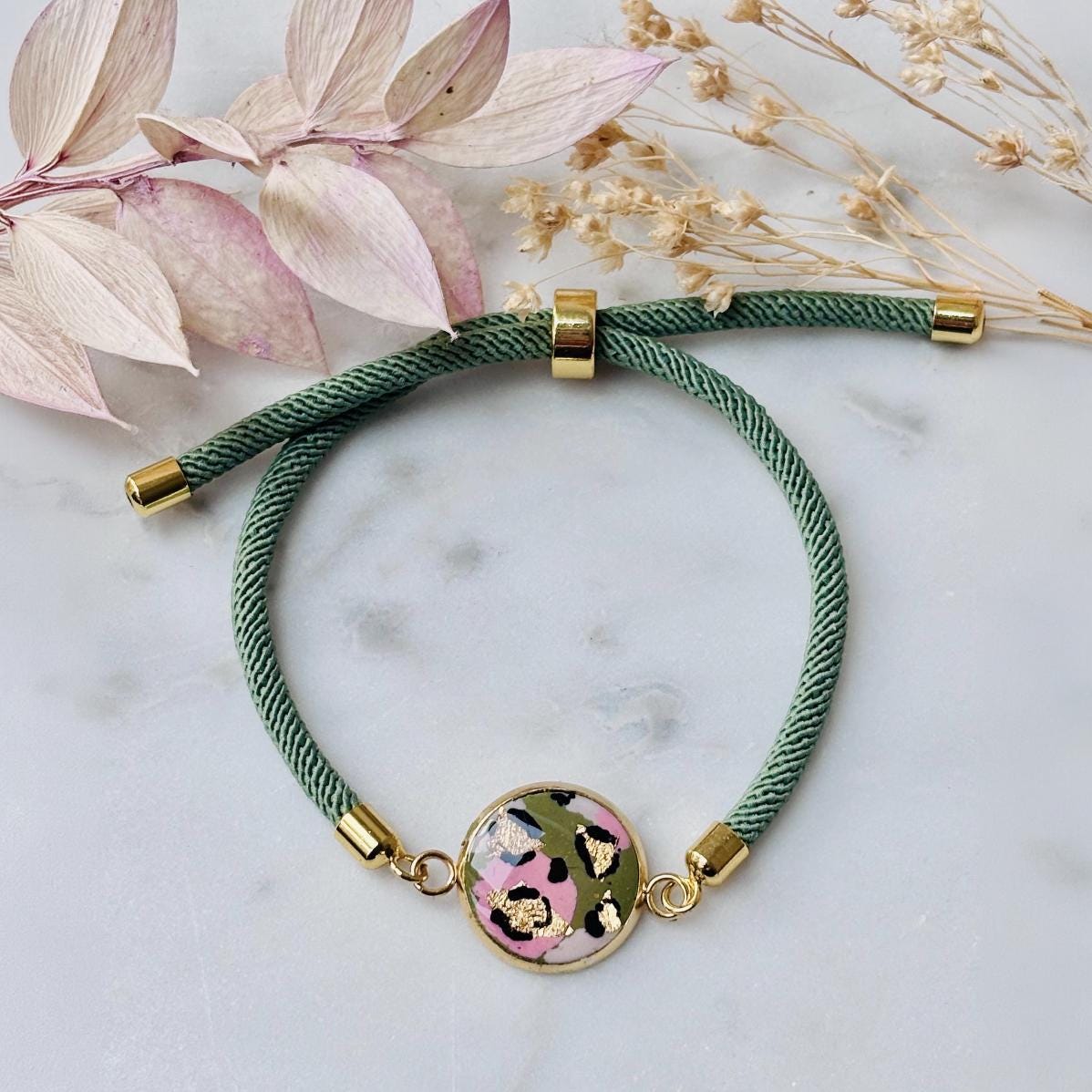 Soft Pink & Green Leopard Print Jewellery Set  Handmade 10mm Studs and Adjustable Bracelet
