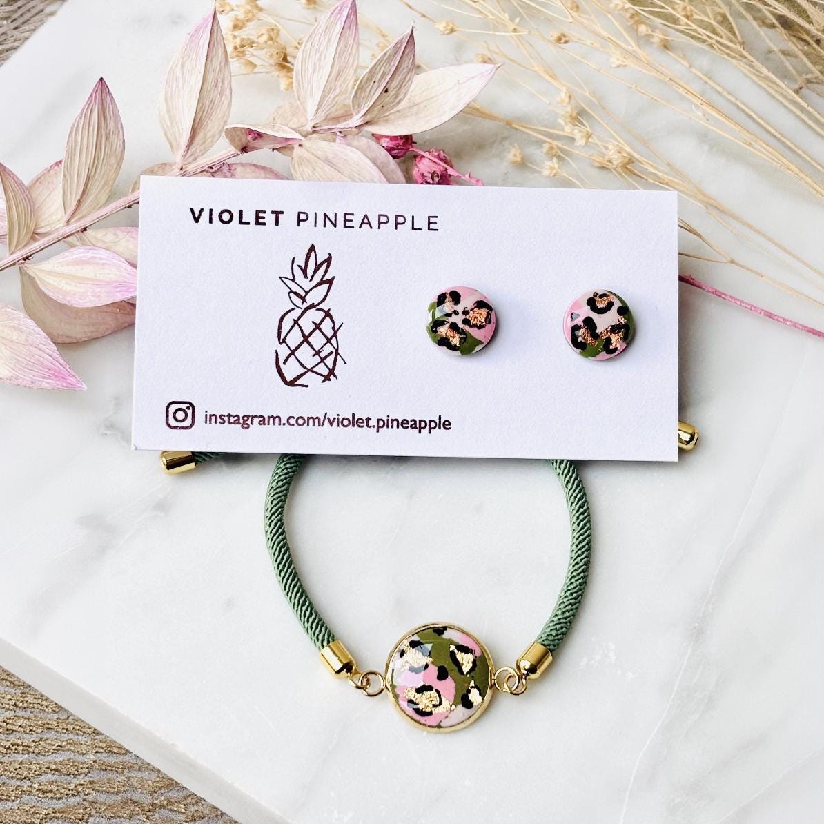 Soft Pink & Green Leopard Print Jewellery Set  Handmade 10mm Studs and Adjustable Bracelet