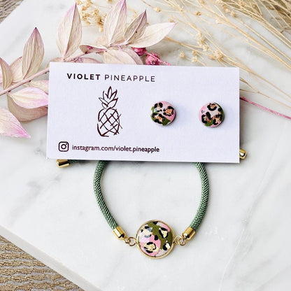 Soft Pink & Green Leopard Print Jewellery Set  Handmade 10mm Studs and Adjustable Bracelet