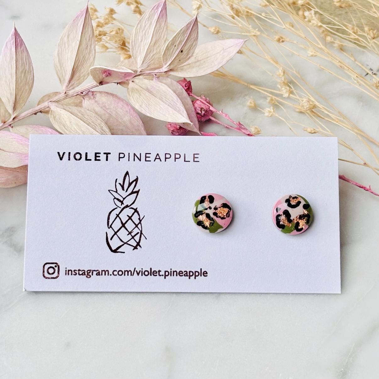 Soft Pink & Green Leopard Print Jewellery Set  Handmade 10mm Studs and Adjustable Bracelet