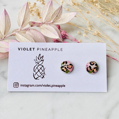 Soft Pink & Green Leopard Print Jewellery Set  Handmade 10mm Studs and Adjustable Bracelet