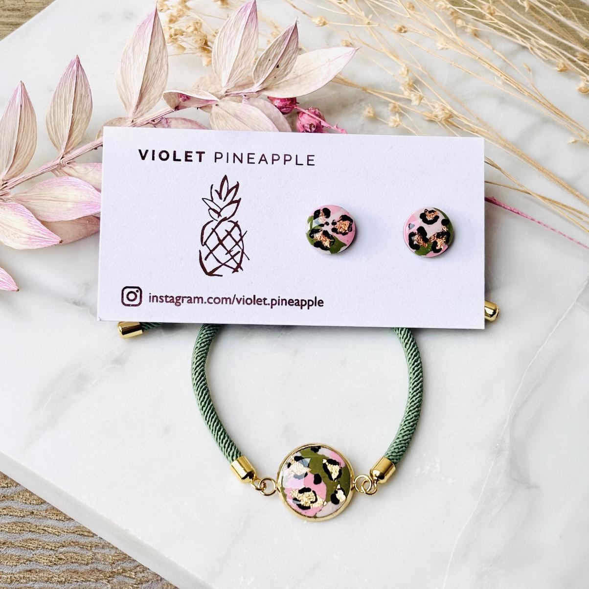 Soft Pink & Green Leopard Print Jewellery Set  Handmade 10mm Studs and Adjustable Bracelet