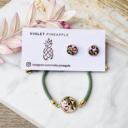 Soft Pink & Green Leopard Print Jewellery Set  Handmade 10mm Studs and Adjustable Bracelet