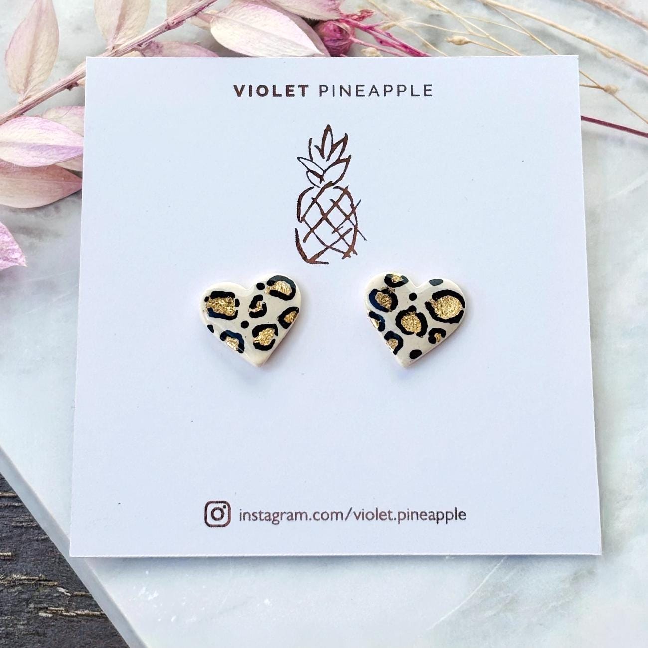 Leopard Print Heart Studs with Gold Leaf. Handmade Polymer Clay & Resin Jewellery. Chic and Stylish