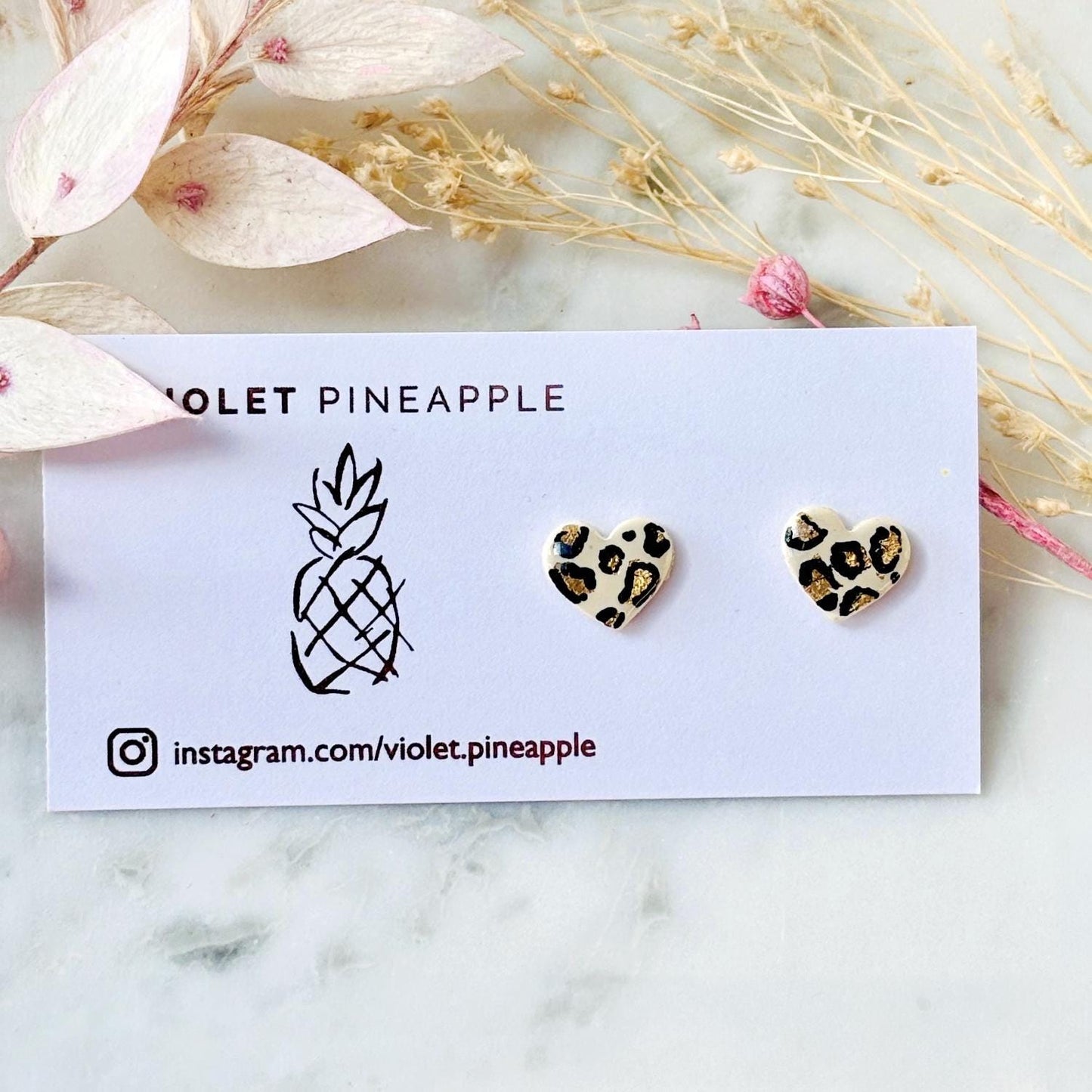 Mini Leopard Heart Studs with Gold Leaf | Dainty 10mm Animal Print Earrings | Neutral Polymer Clay Jewellery | Chic & Stylish