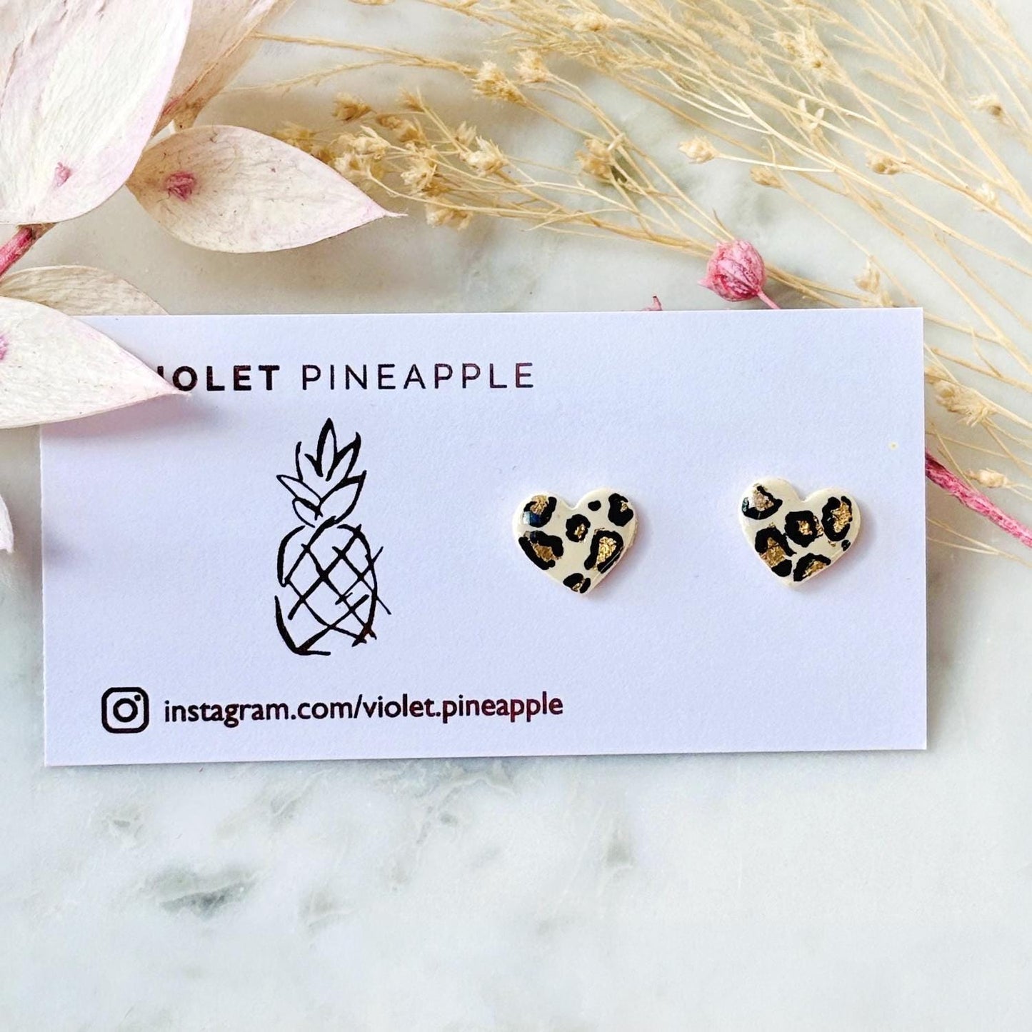 Mini Leopard Heart Studs with Gold Leaf | Dainty 10mm Animal Print Earrings | Neutral Polymer Clay Jewellery | Chic & Stylish