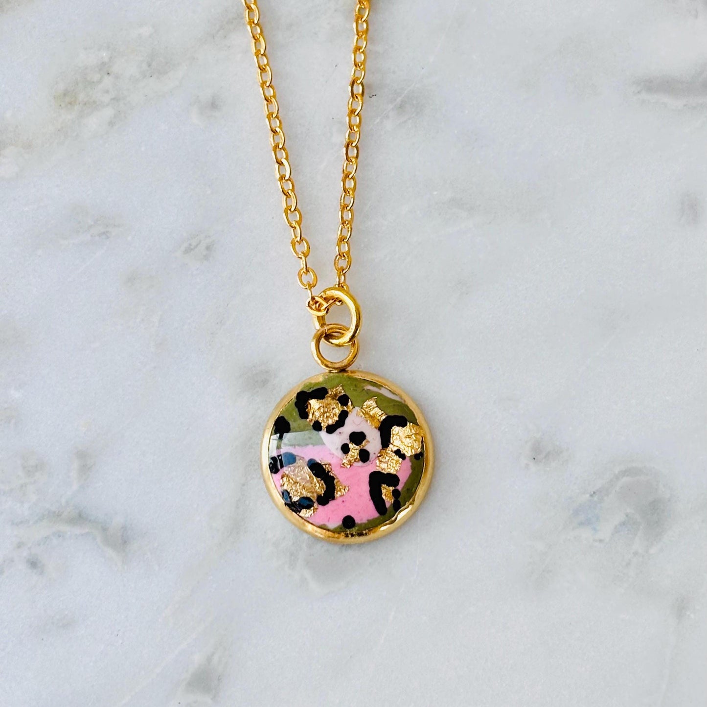 Pink and Olive Leopard Print Pendant Necklace. Unique Gift for Her. Chic and Stylish. Polymer Clay & Resin