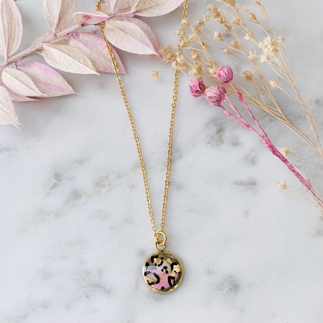 Pink and Olive Leopard Print Pendant Necklace. Unique Gift for Her. Chic and Stylish. Polymer Clay & Resin
