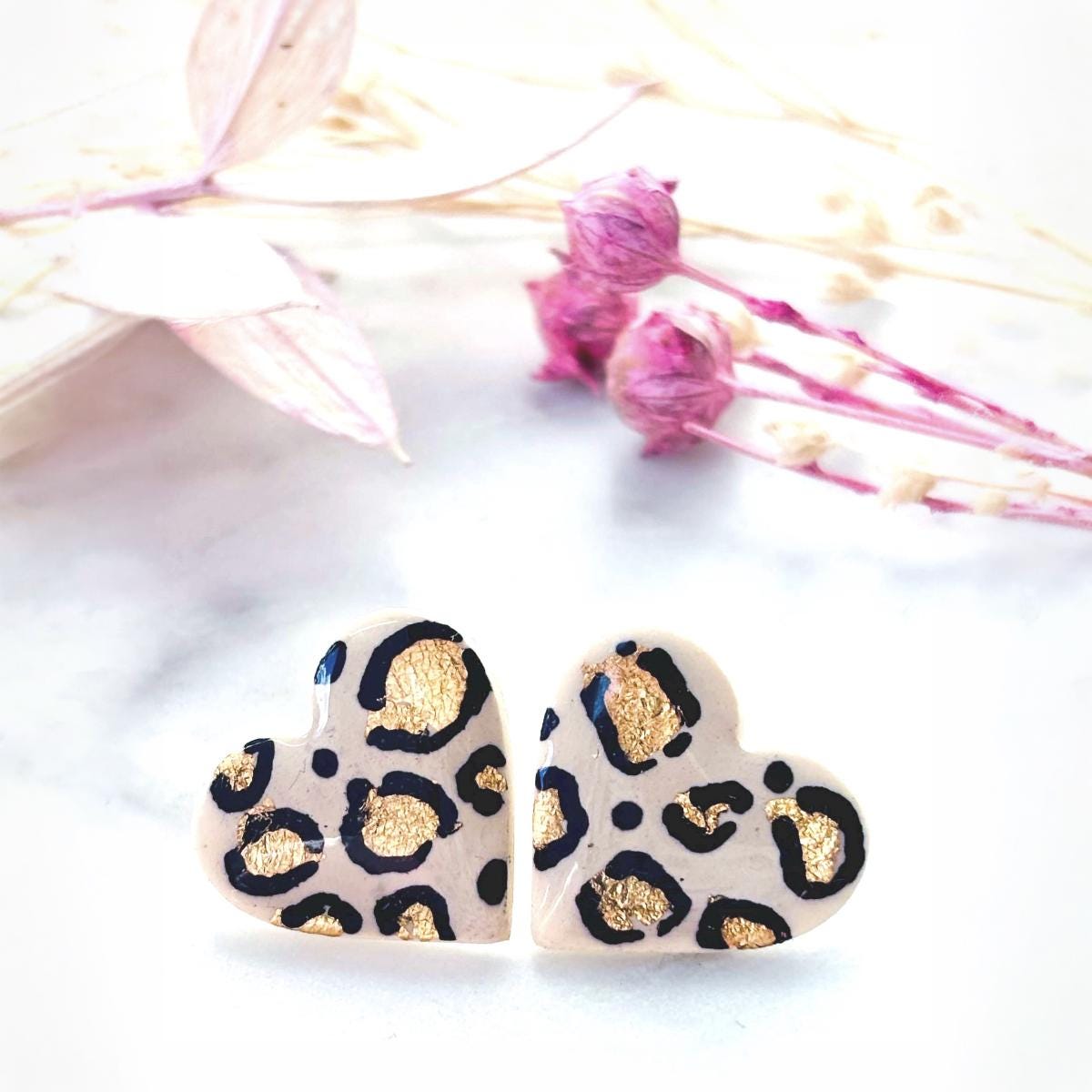 Leopard Print Heart Studs with Gold Leaf. Handmade Polymer Clay & Resin Jewellery. Chic and Stylish