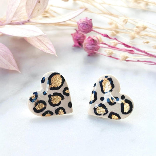 Leopard Print Heart Studs with Gold Leaf. Handmade Polymer Clay & Resin Jewellery. Chic and Stylish