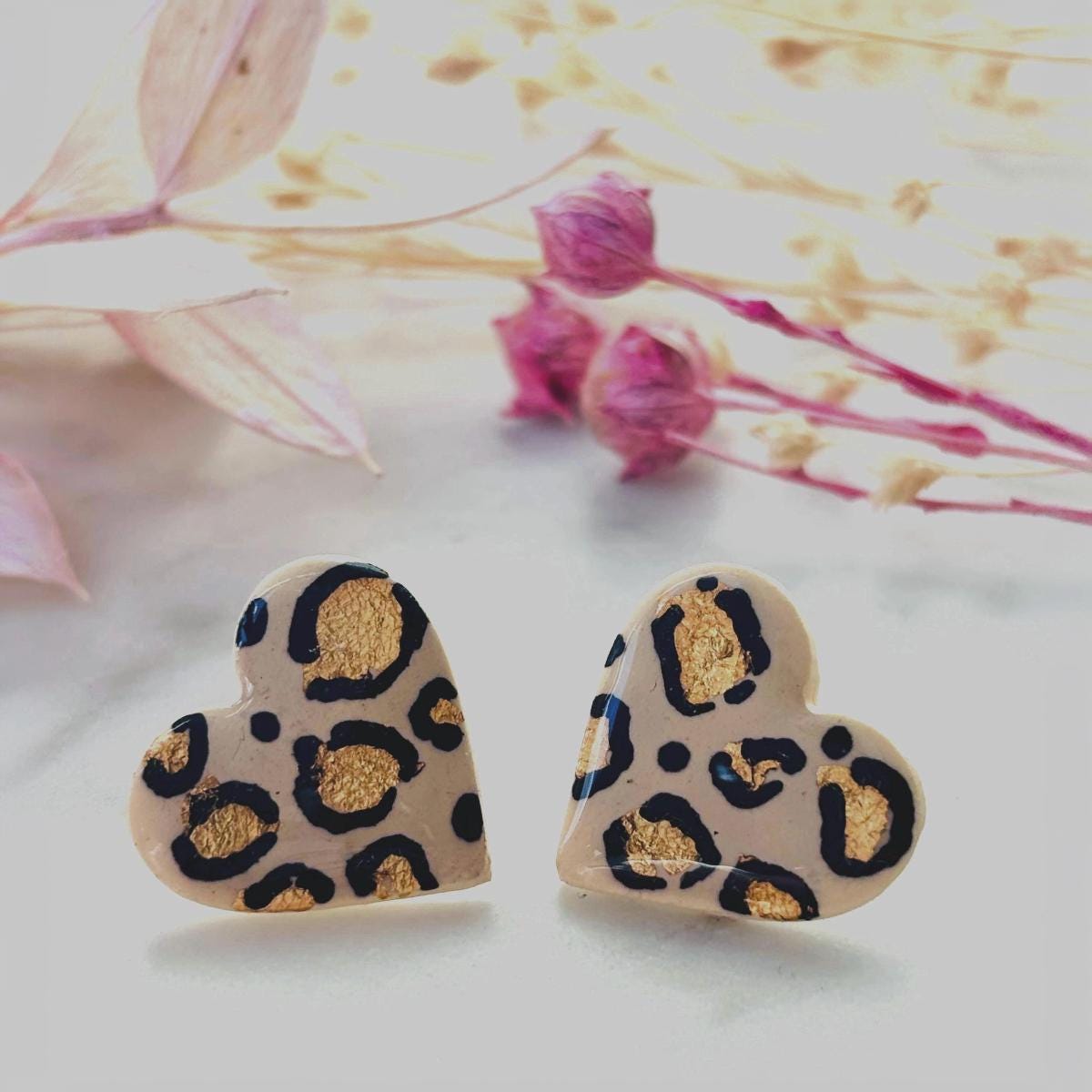 Leopard Print Heart Studs with Gold Leaf. Handmade Polymer Clay & Resin Jewellery. Chic and Stylish