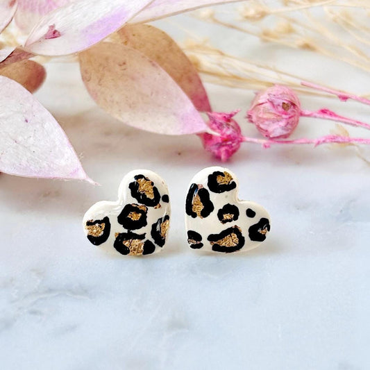 Mini Leopard Heart Studs with Gold Leaf | Dainty 10mm Animal Print Earrings | Neutral Polymer Clay Jewellery | Chic & Stylish