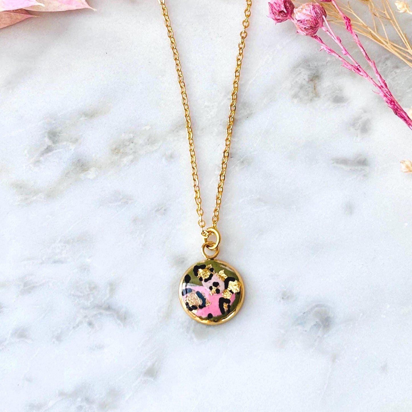 Pink and Olive Leopard Print Pendant Necklace. Unique Gift for Her. Chic and Stylish. Polymer Clay & Resin
