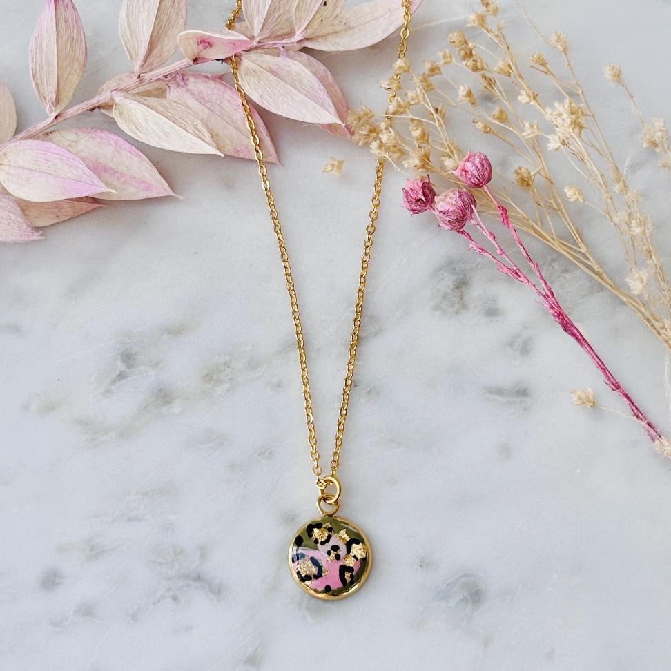 Pink and Olive Leopard Print Pendant Necklace. Unique Gift for Her. Chic and Stylish. Polymer Clay & Resin